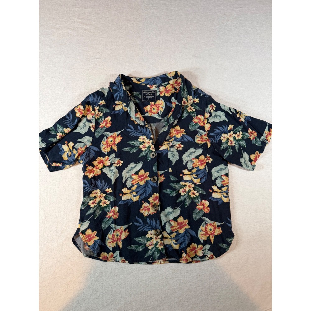 Abercrombie & Fitch Kids Navy Blue Floral Tropical Viscose Button Up Shirt M